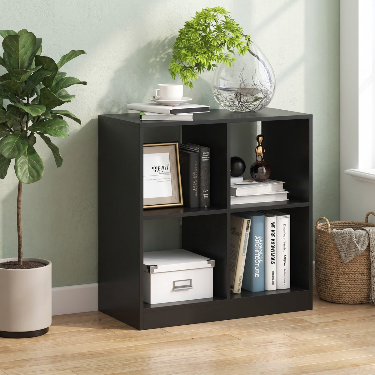 Airfind 4-Cube Kids Bookcase with Open Shelves, 60 lbs Capacity, Engineered wood Frame, 29 Inch x 13 Inch x 29 Inch Footprint, Black