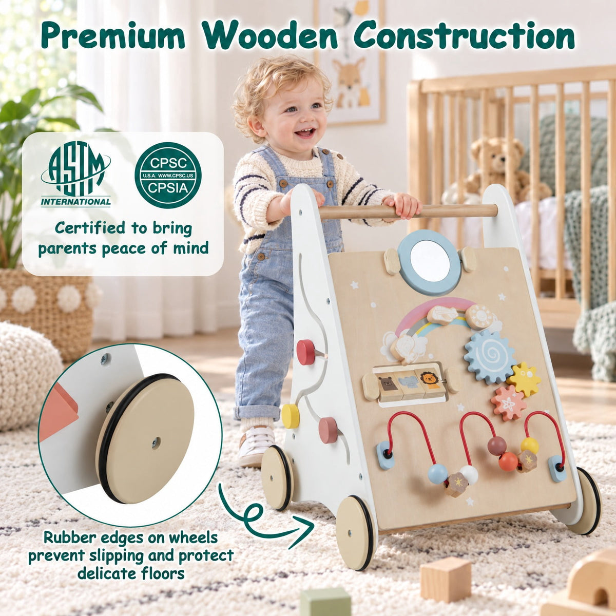 Airfind Wooden Youth Activity Walker with Multiple Play Features, Basswood Frame, Suitable for Ages 12 Months and Up, 13.5 Inch x 13 Inch x 17.5 Inch, Unspecified