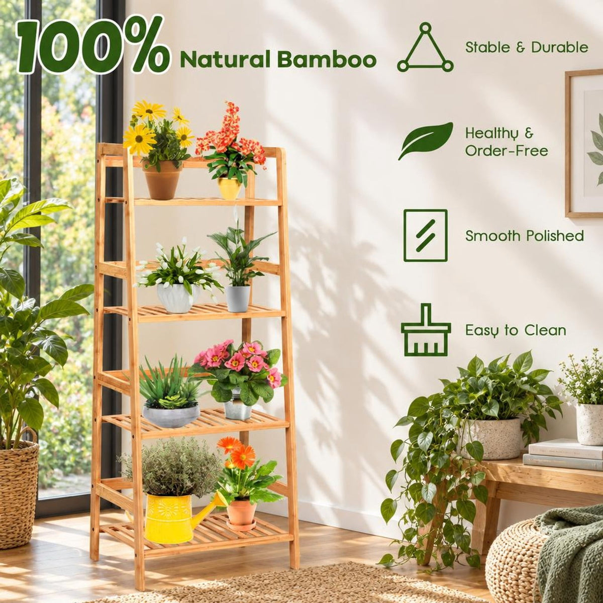 Airfind 4-Tier Bamboo Plant Rack with Guardrails Stable and Space-Saving, 22 lbs per tier Capacity, Bamboo Frame, 19 x 12.5 x 45 Footprint