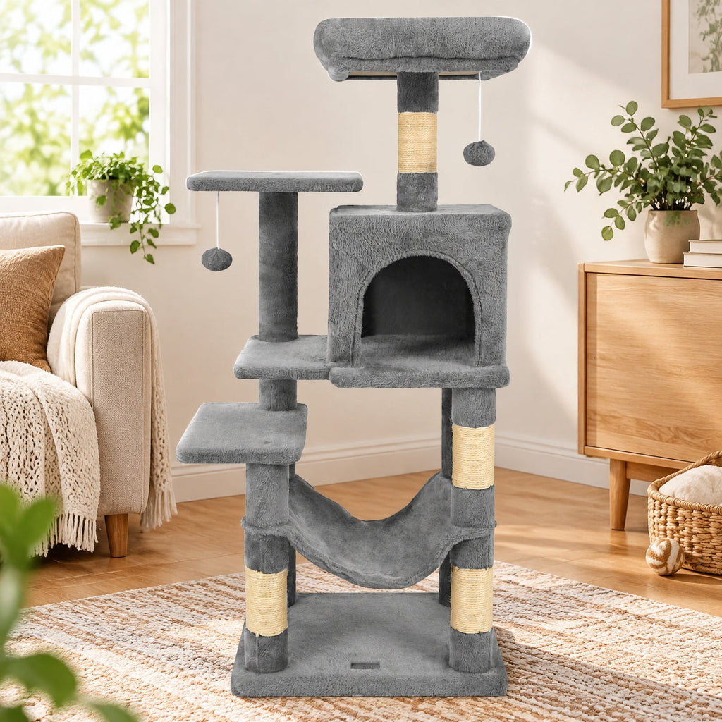Airfind Multi-Level Cat Tower with 2-Door Condo and Padded Top Perch, PP Cotton Fabric Sisal Engineered Wood Overall Height 44 Base Frame