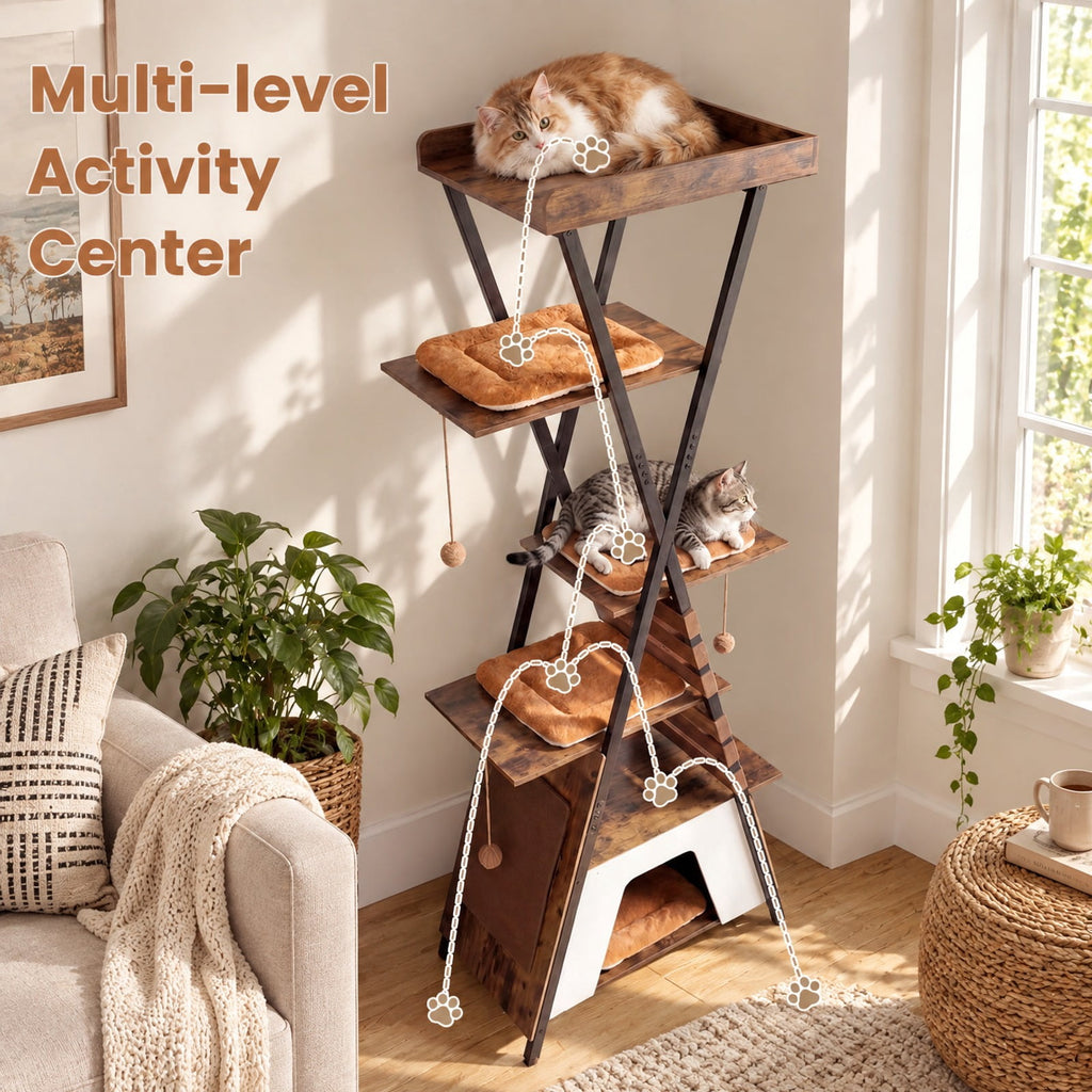 Airfind 73 Inch Multi-level Cat Tree for Indoor Cats with Elevated Perch and Large Condo, 44 lbs Capacity, Engineered Wood Frame, Brown