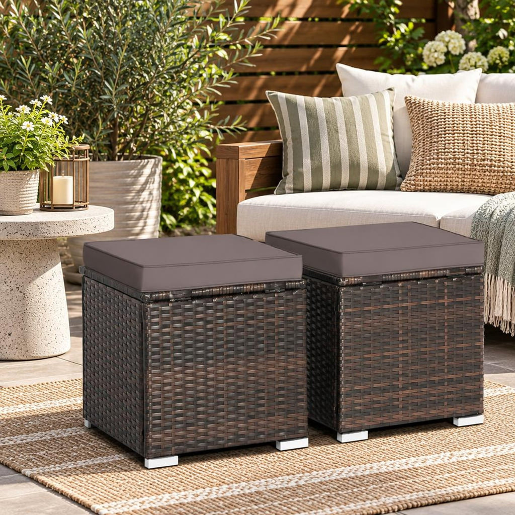Airfind 2 Pieces Patio Ottoman with Removable Cushions, 350 lbs Capacity, Metal PE Rattan Sponge Polyester Frame, 16 x 16 x 15.5 Footprint, Gray
