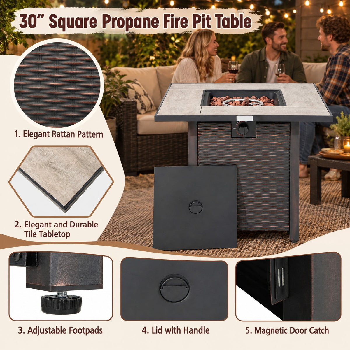 Airfind 30 Inch Square Propane Gas Fire Pit Table Ceramic Tabletop, Steel Frame, Black, Adjustable foot pads ensure extra stability