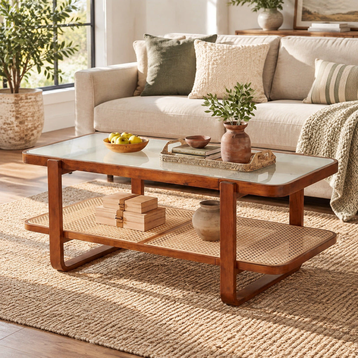 Airfind Coffee Table, Rattan Table with Tempered Glass Top and Storage Shelf, 220 lbs Capacity, Tempered Glass PE Rattan Plywood Frame, Walnut