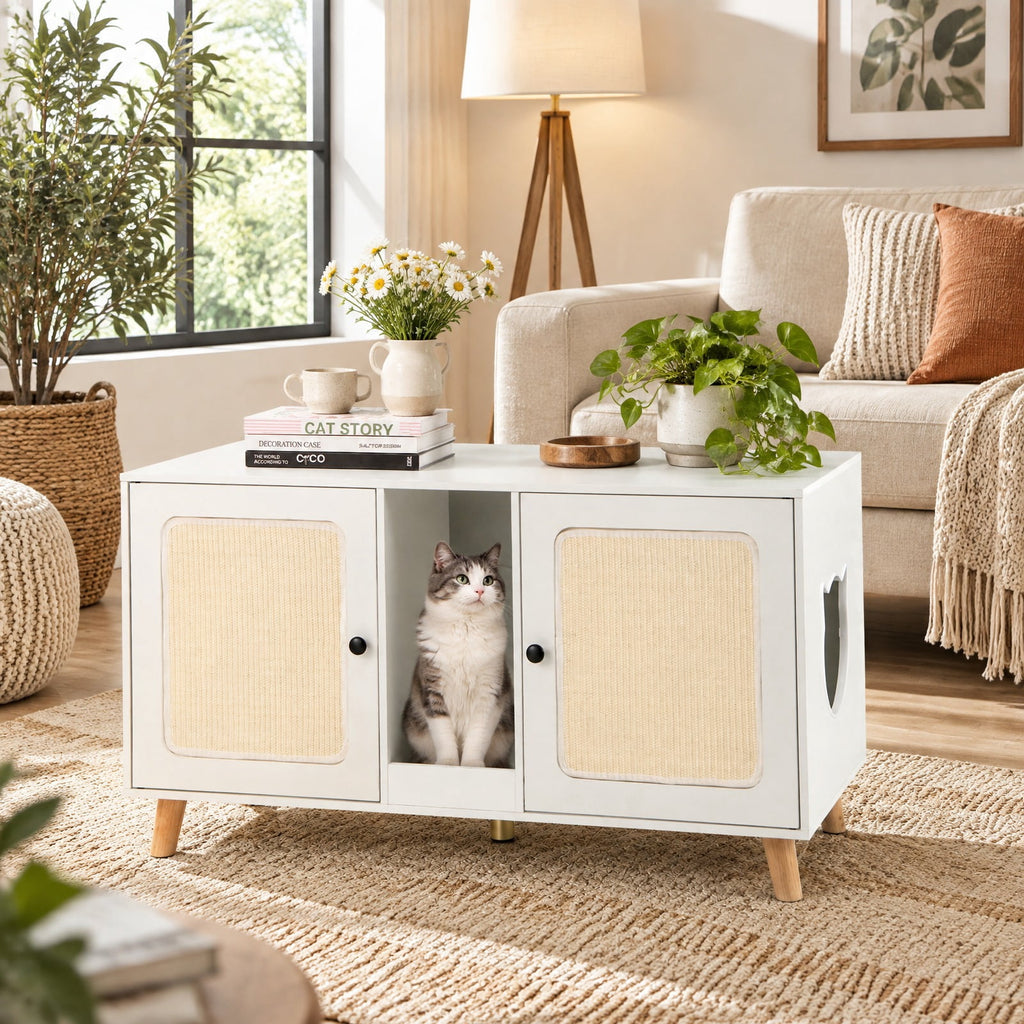 Airfind 43 Inches Cat Litter Box Enclosure with Double Rooms and 2 Sisal Scratching Mats, Engineered Board Frame, 43 x 20 x 24 Footprint, White