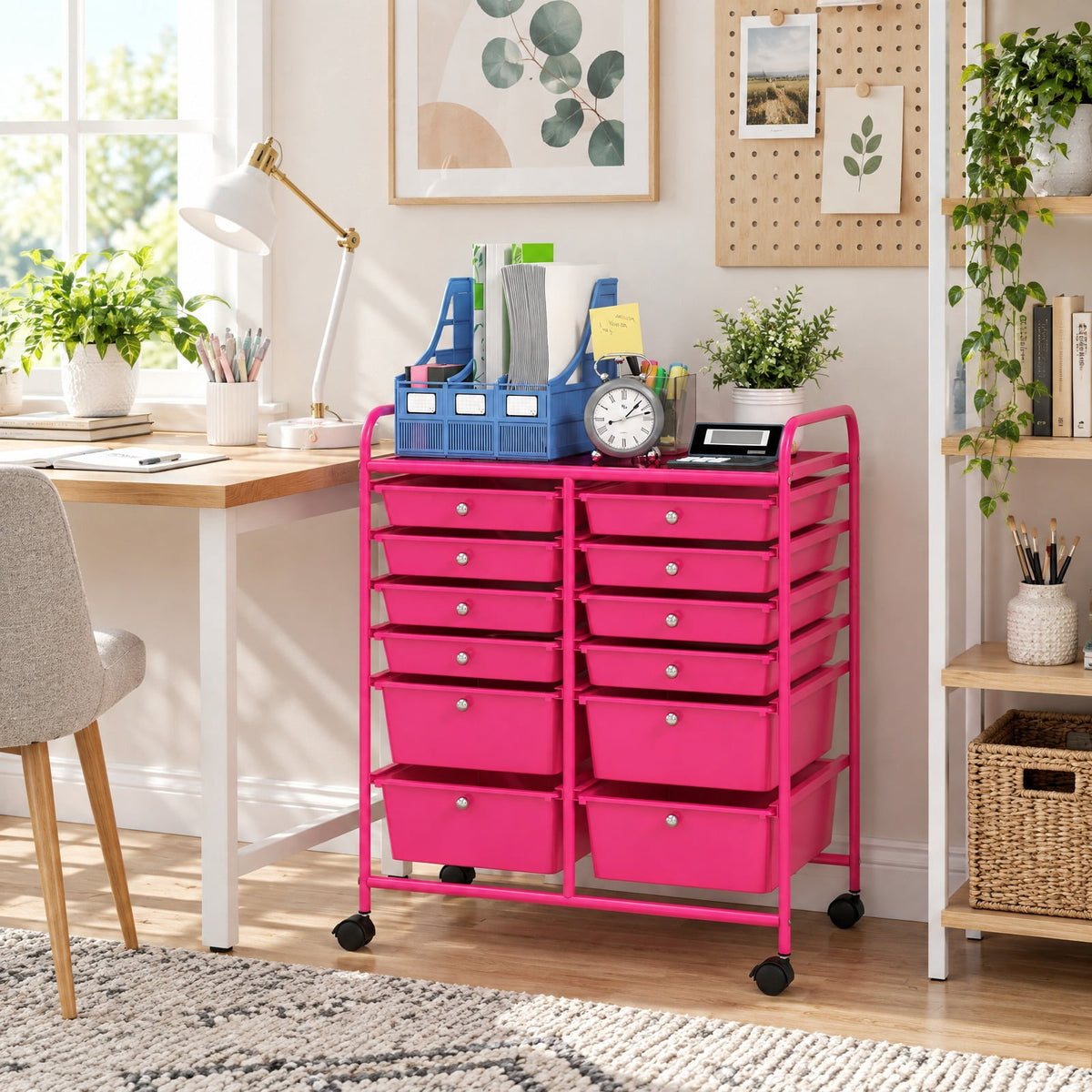 Airfind 12, Drawer Rolling Storage Cart with Removable Drawers and Lockable Wheels, Rose Red, Heavy, duty metal frame ensures excellent stability