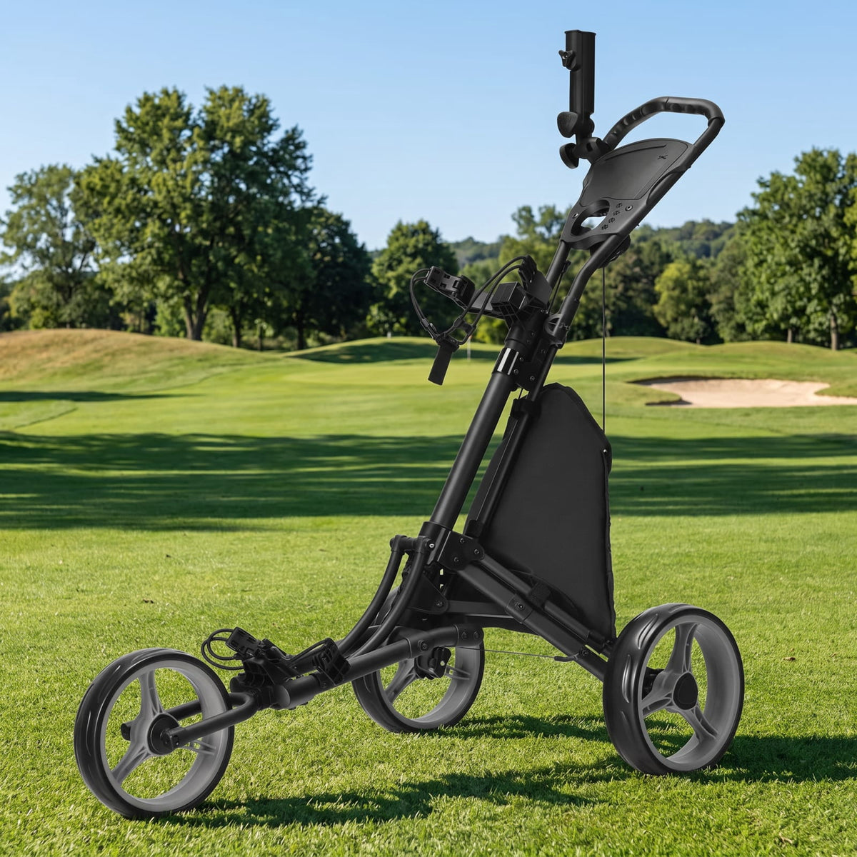 Airfind Folding 3 Wheel Golf Push Cart with Aluminum Frame and Storage Bag and Scoreboard and Adjustable Handle and Cup Holder, Gray