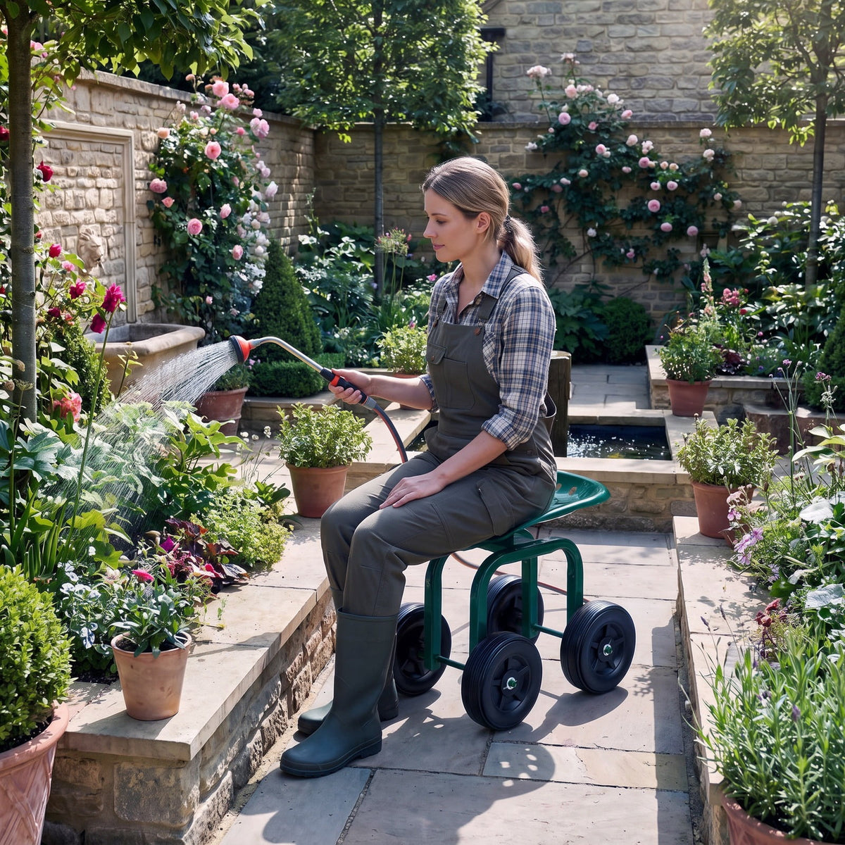 AIRFIND Rolling Garden Work Stool with 360-Degree Swivel Seat, Adjustable 16-19 in Height, 7 in Wheels and 330 lb Capacity, Green