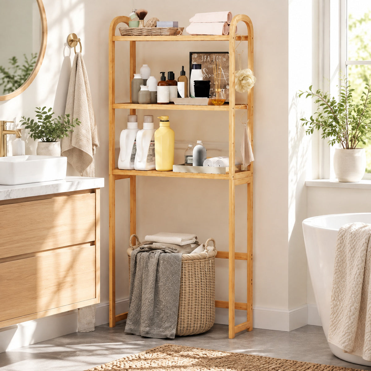 Airfind 3-Tier Bamboo Bathroom Floor Organizer with 5-Position Shelves and 3 Hooks, 132 lbs Capacity, Bamboo Frame, Natural