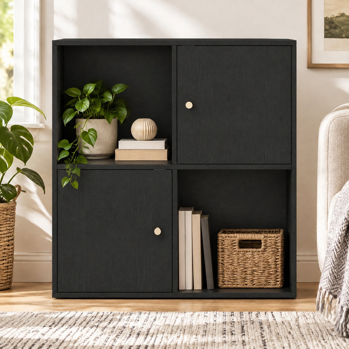 Airfind 4-Cube Bookcase 3-Tier Bookshelf with Dual Anti-Tipping Kits and 2 Cabinets, 110 lbs Capacity, MDF Engineered Wood Frame, Black