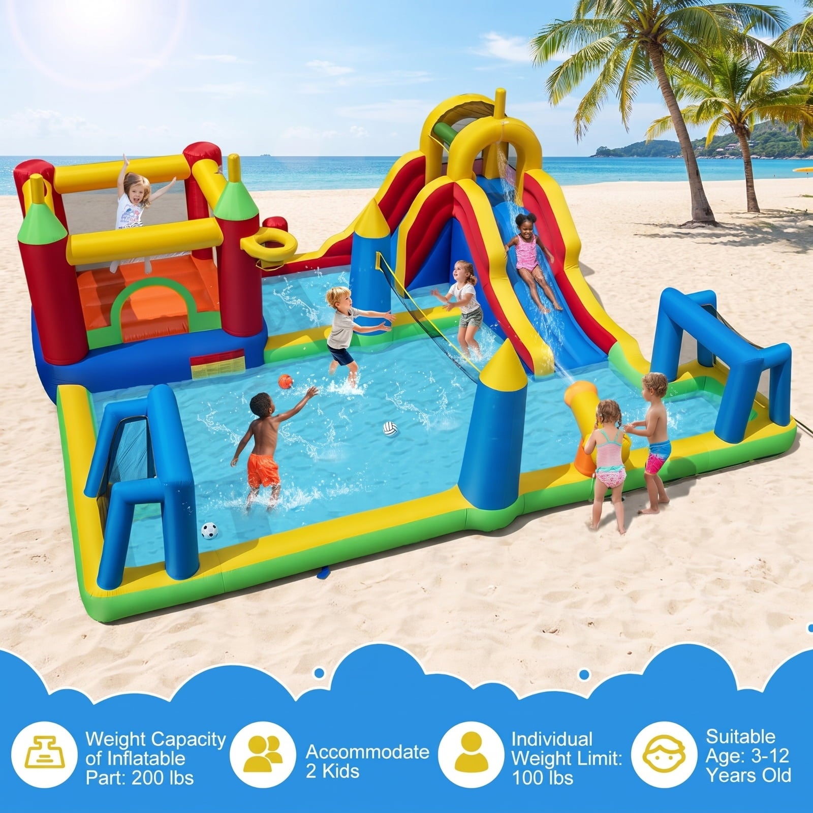 Airfind 9-in-1 Inflatable Water Slide Jumping Castle with Climbing Wall, Basketball Hoop, Football Goals and Volleyball Net, 197in x 161in x 75in for Kids 3-12