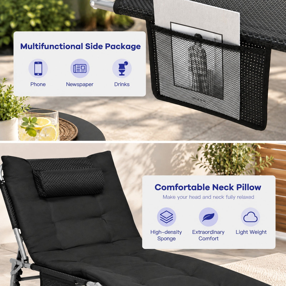 Airfind 4-Fold Oversize Padded Folding Lounge Chair with Removable Soft Mattress, 330lbs Capacity, Steel fabric sponge Frame, Black