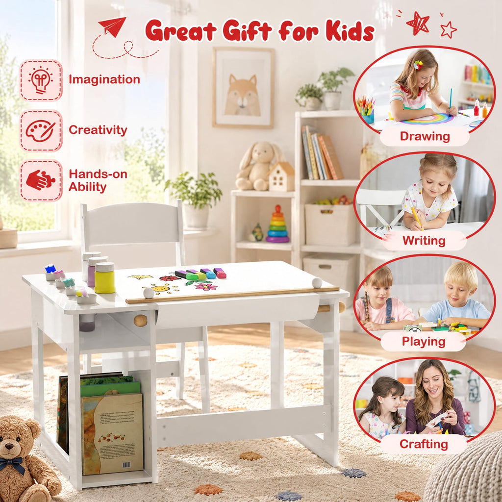 Airfind Kids Art Table and Chair Set Toddler Craft Drawing Desk, 110 lbs Capacity, MDF Pine Wood Frame, 31.5 x 23.5 x 19.5 Footprint, White
