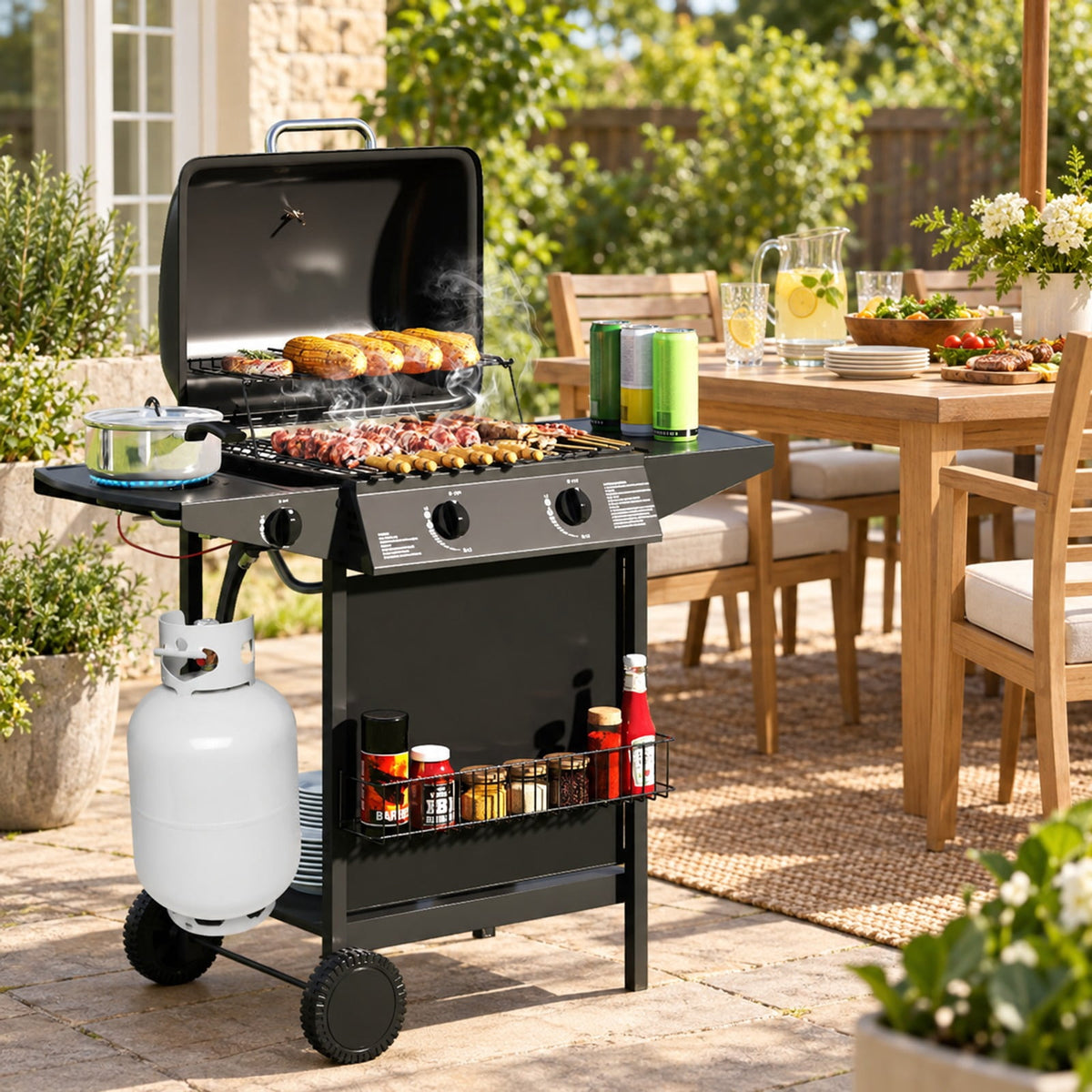 Airfind 30 000 BTU Outdoor Burner Propane Gas Grill on Wheels, Metal Stainless Steel, 43 Inch X 20 Inch X 38 Inch for Convenient Everyday Use, Black
