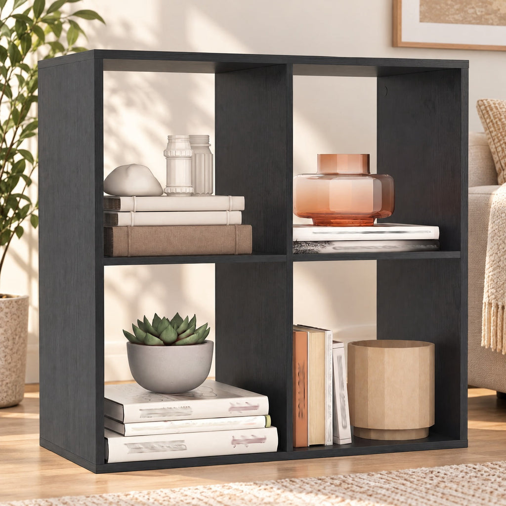 Airfind 4 Cube Bookshelf with Back Guardrail for Living Room Bedroom, 100 lbs Capacity, Engineered Wood Frame, 27.5 x 13 x 27.5 Footprint, Black