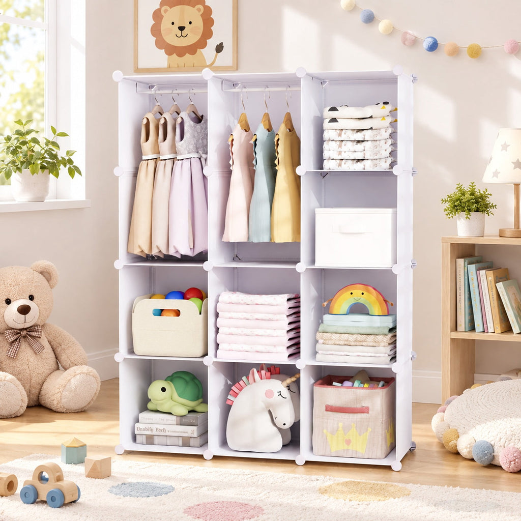 Airfind Modular Baby Wardrobe with 10 Cubes Hanging Rod and Shelves Stackable, 6.5 lbs Capacity, PP Frame, 43 x 14 x 57 Footprint, White