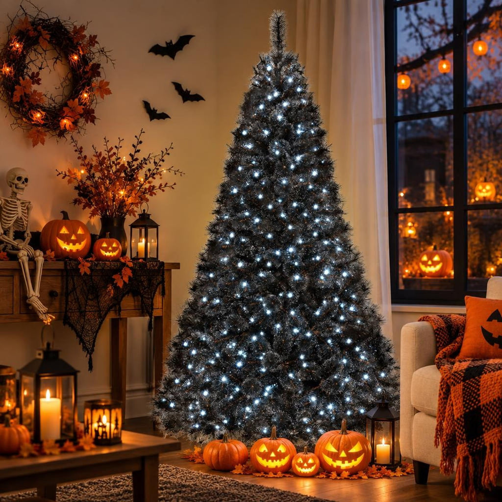 Airfind 6/7/8 Feet Black Artificial Halloween Christmas Tree with PVC Branch Tips and 210/320/450 Cool White LED Lights, Black