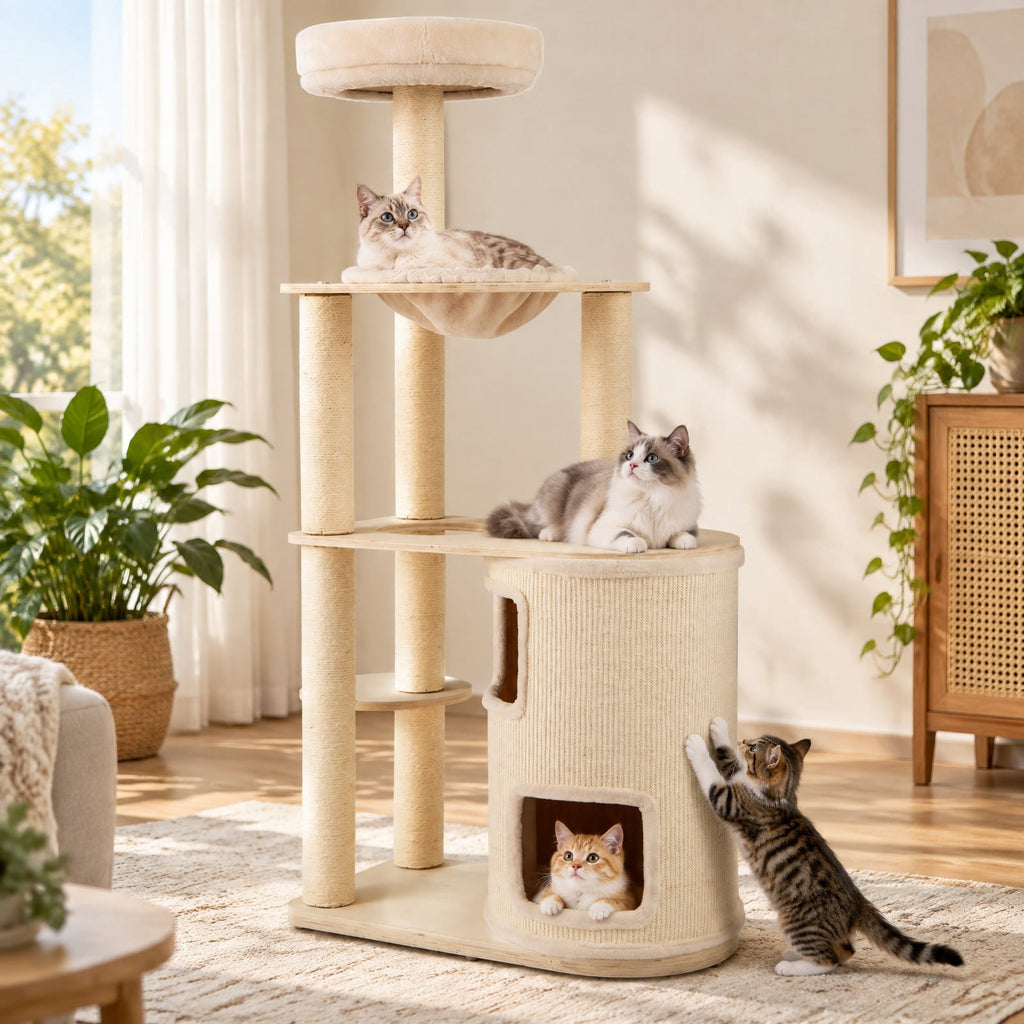 Airfind 60 Inches Tall Cat Tree with 2-Story Condo and Sisal Scratching Posts, 27.5 Inch x 15.5 Inch x 60 Inch Condo Footprint, Natural