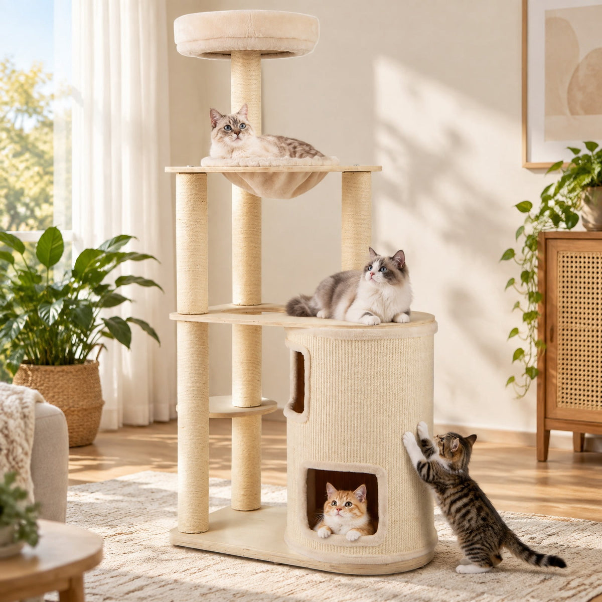Airfind 60 Inches Tall Cat Tree with 2-Story Condo and Sisal Scratching Posts, 27.5 Inch x 15.5 Inch x 60 Inch Condo Footprint, Natural