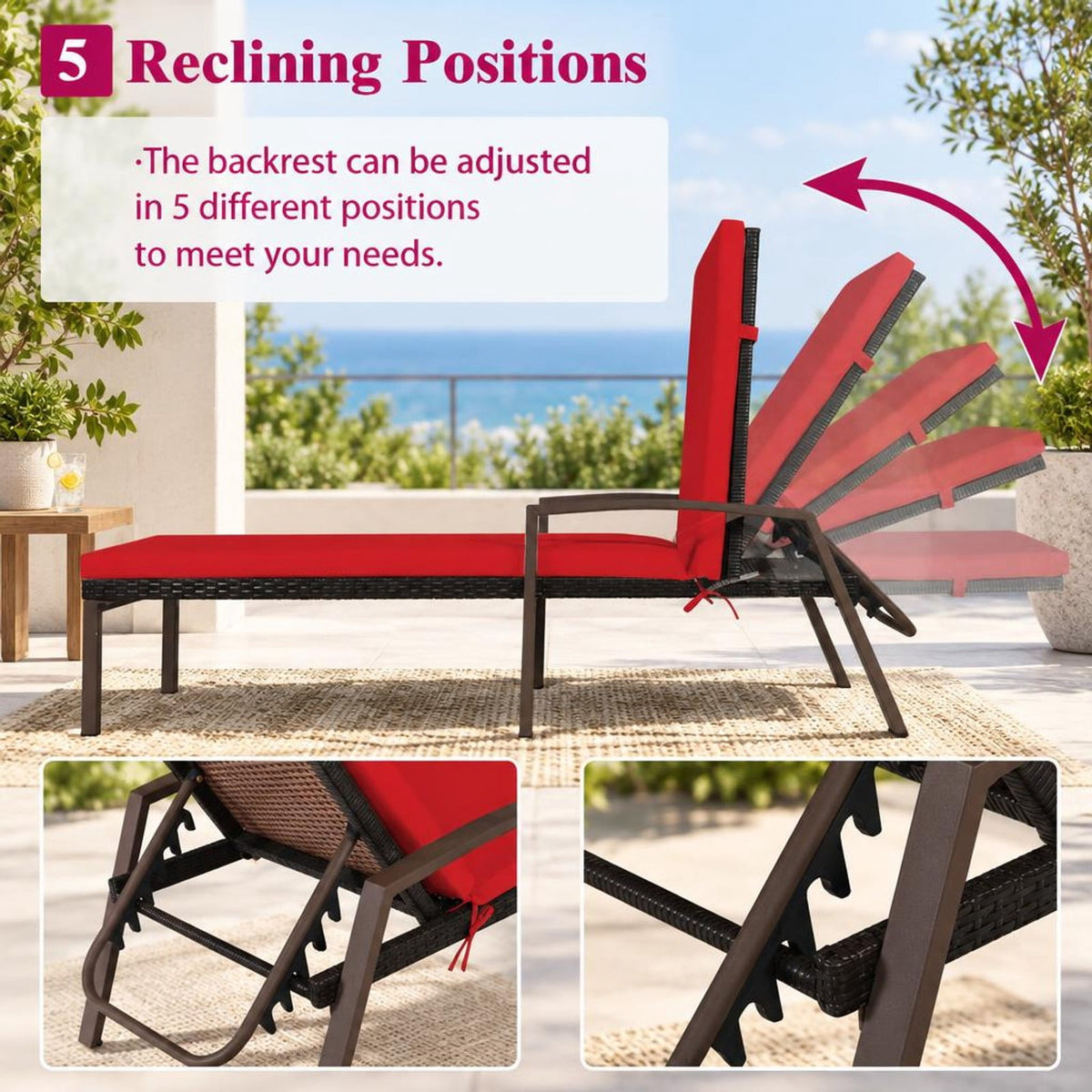 Airfind 2 Pieces Patio Rattan Adjustable Back Lounge Chair with Armrest and Removable Cushions, 400 lbs Capacity, Steel Rattan Frame, Red