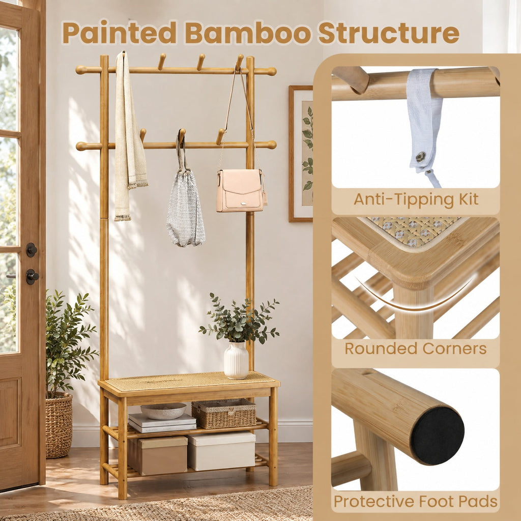 Airfind Bamboo Coat Rack PE Rattan Hall Tree with Bench and Shoe Storage 3-In-1 Entryway Bench, 11 Lbs Capacity, Bamboo PE Rattan, Natural