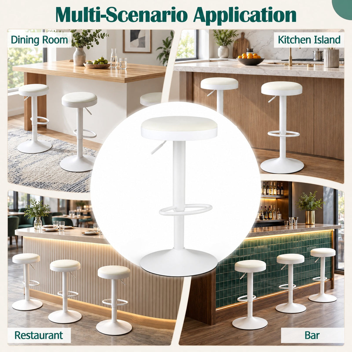 Airfind Set of 4 Kitchen Bar Stools with Height Adjustment Padded Seat and D-Shaped Footrest, 330 lbs Capacity, Metal Sponge Fabric Frame, White