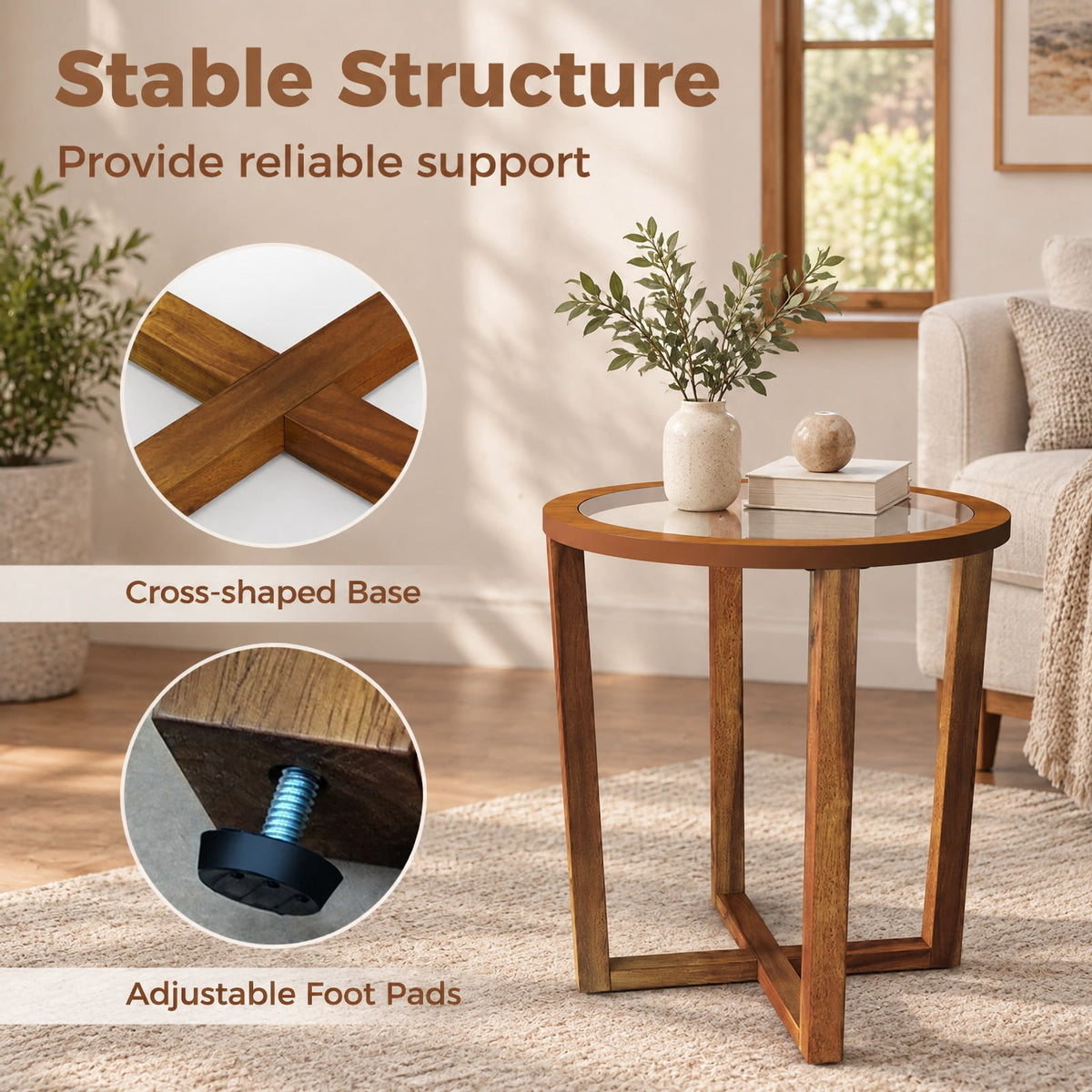 Airfind Modern Round End Table Sofa Side Table with Transparent Tempered Glass Top, 90 lbs Capacity, Tempered Glass Acacia Wood MDF Plywood Frame