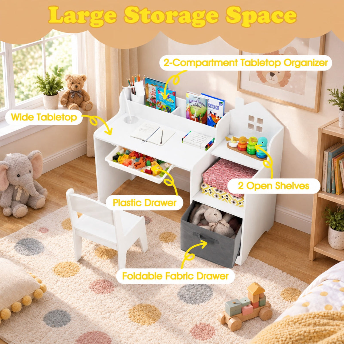 Airfind Kids Study Desk and Chair Set with Open Shelves Drawer and Fabric Storage Bin, 44 lbs Capacity, MDF Non-woven Fabric Desk Frame, White