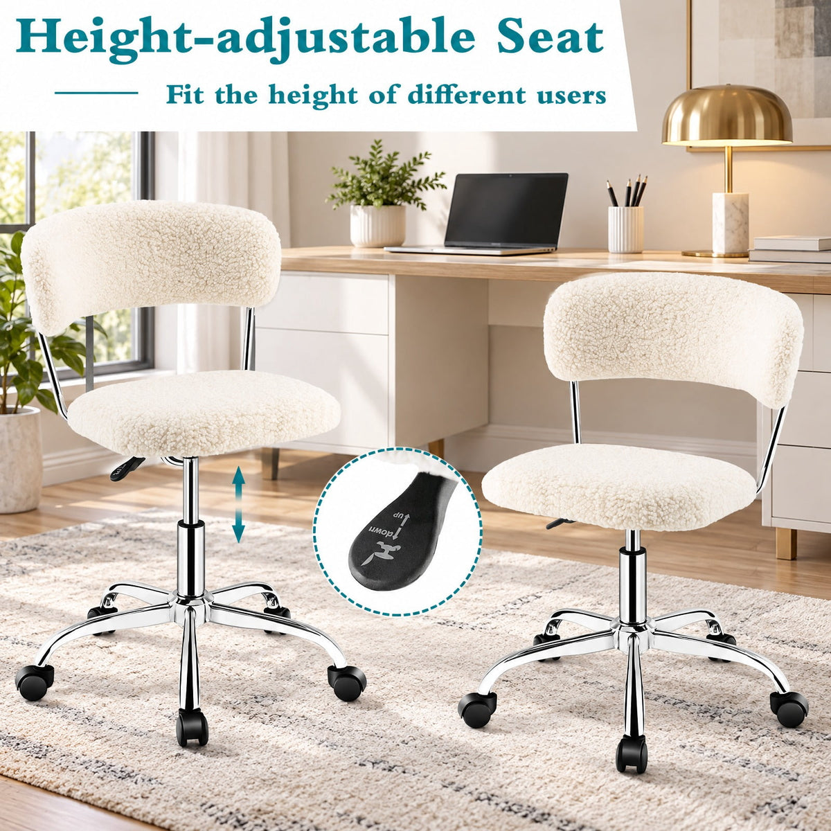 Airfind Computer Desk Chair Adjustable Sherpa Office Chair Swivel Vanity Chair, 330 lbs Capacity, Sherpa plywood sponge steel Frame, White