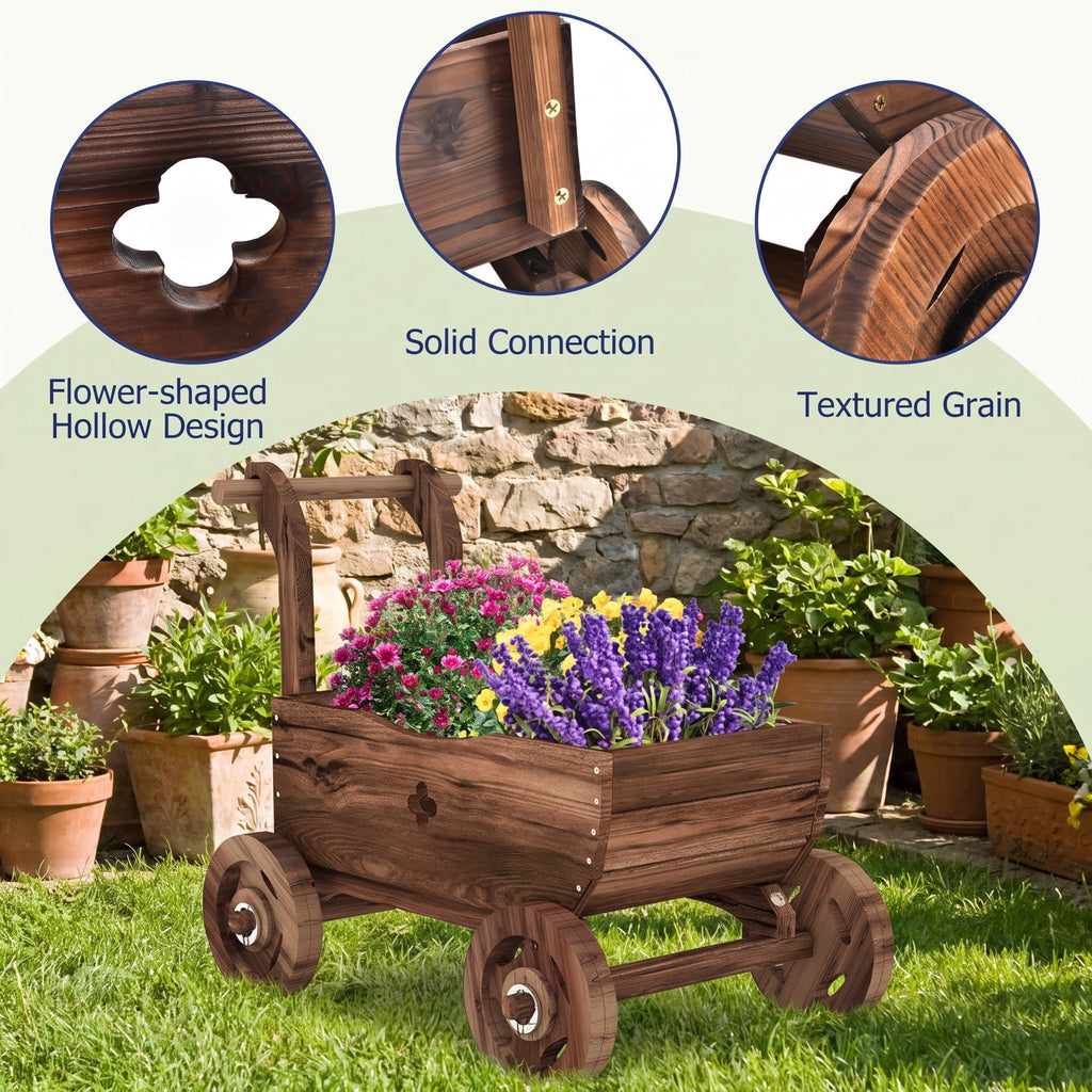 Airfind Decorative Wooden Wagon Cart with Handle Wheels and Drainage Hole, 44 lbs Capacity, Fir Wood Frame, 27 x 15 x 21 Footprint, Brown