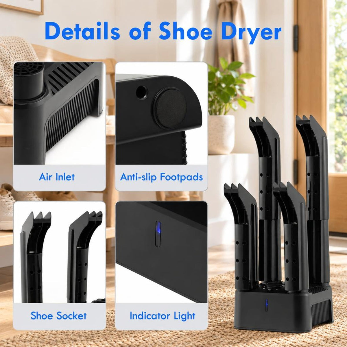 Airfind Prevent Odor Mold and Bacteria 4 Shoe Electric Dryer with Timer, 9 Inch x 9 Inch x 23 Inch Rated Footprint, Why Wait for Such an Essential Device, Black