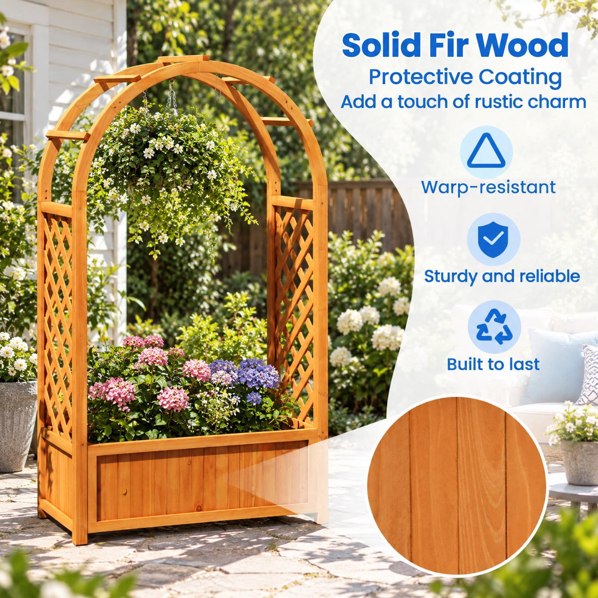 Airfind Raised Garden Bed with Lattice Trellis Ached Roof Wooden Elevated Planter Box, 88 lbs Capacity, Fir Wood Frame, Brown