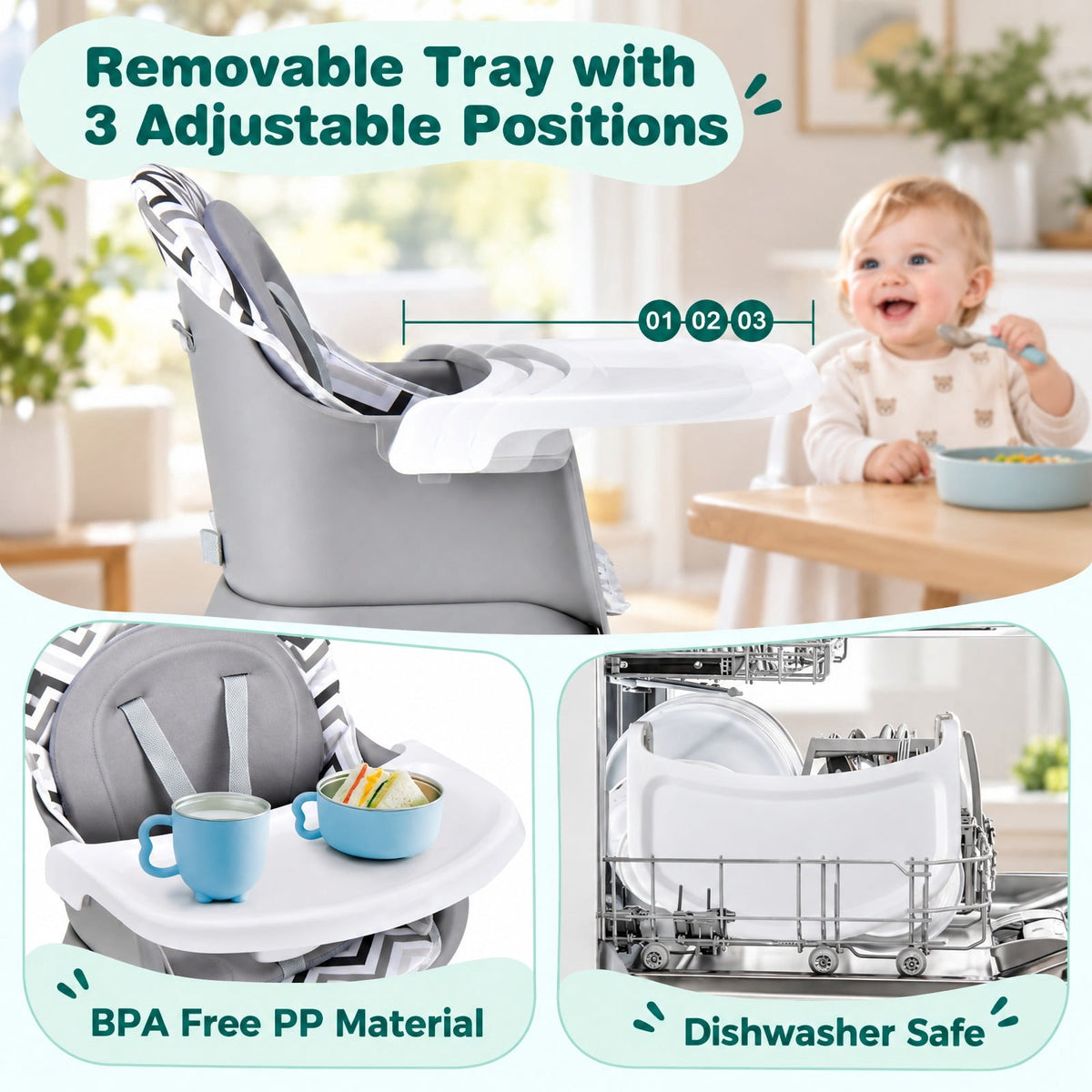 Airfind 6-in-1 Convertible Youth High Chair featuring Adjustable Removable Tray with Detailed Instruction and Tool-free Installation, Gray