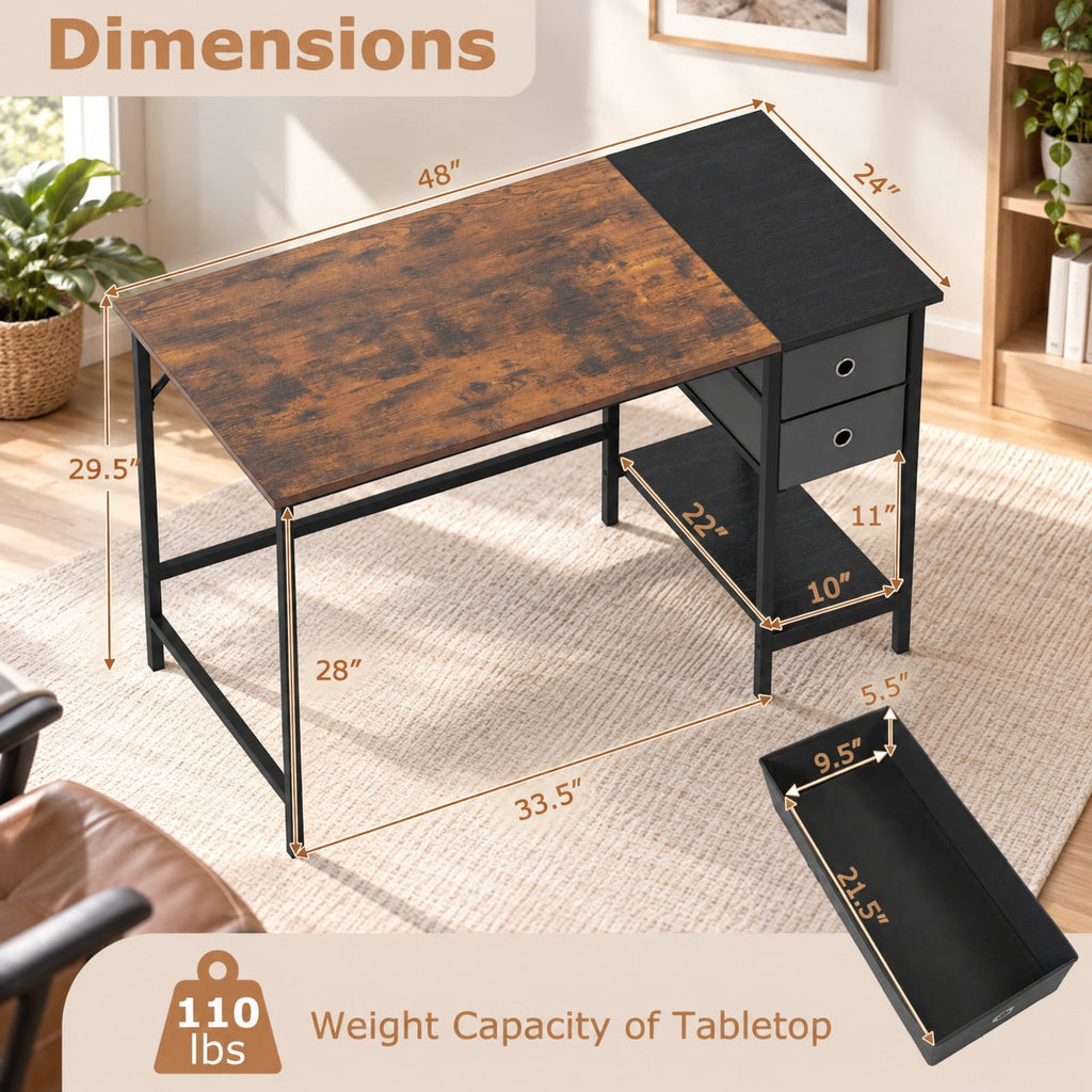 Airfind 48 Inch Computer Desk with 2 Fabric Drawers Industrial Home Office Desk, 110 lbs Capacity, Engineered Wood Metal Fabric Frame, Brown