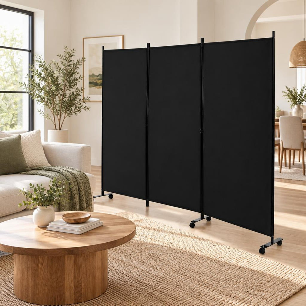 Airfind 3 Panel Folding Room Divider with Lockable Wheels, Metal Polyester Fabric Tiled Frame, 103 x 12 x 71 Footprint, Black