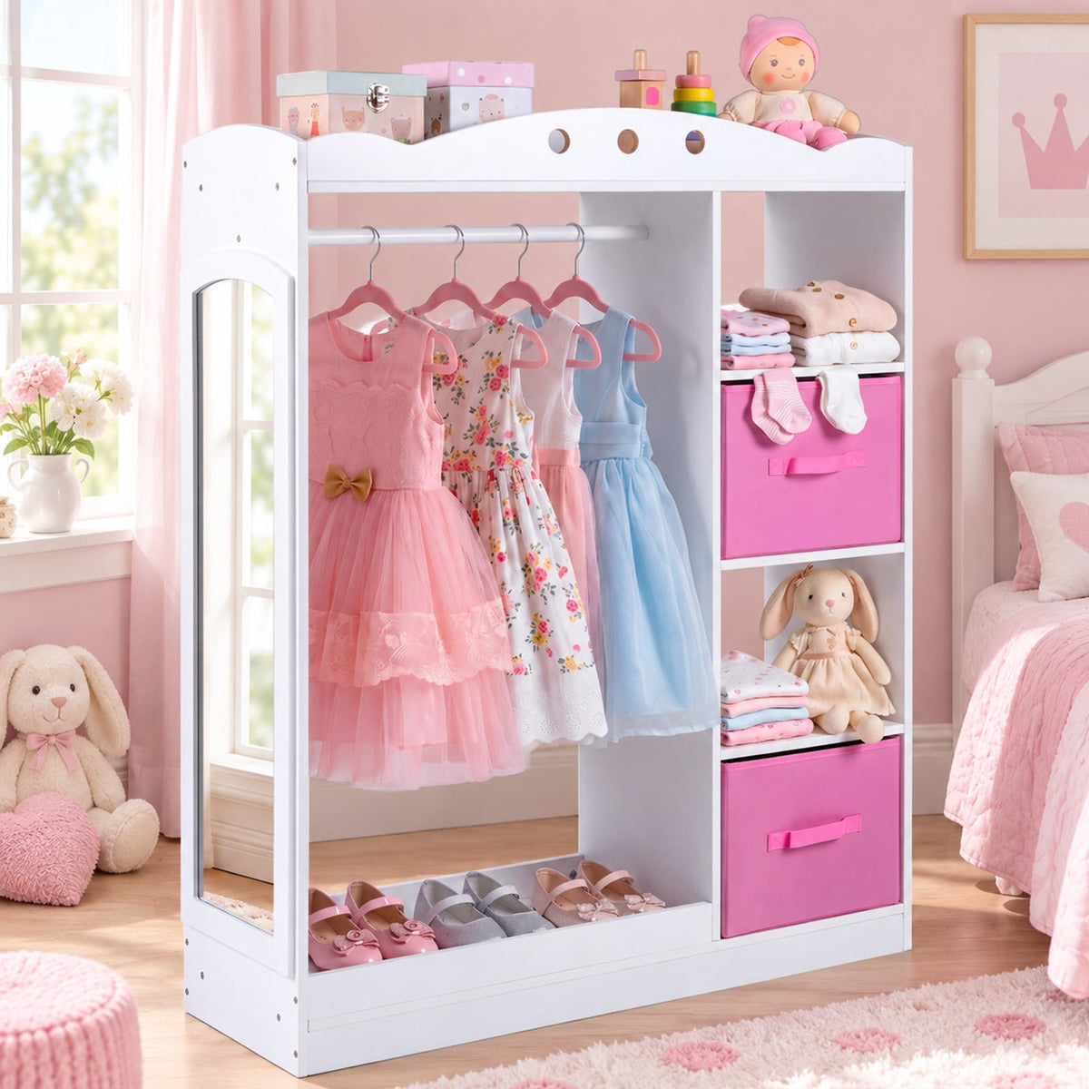 Airfind Kids Dress Up Storage with Full Length Mirror and Open Shelves, Engineered Wood Frame, for 3+ Years Old, 35.5in x 12in x 44in Footprint, White