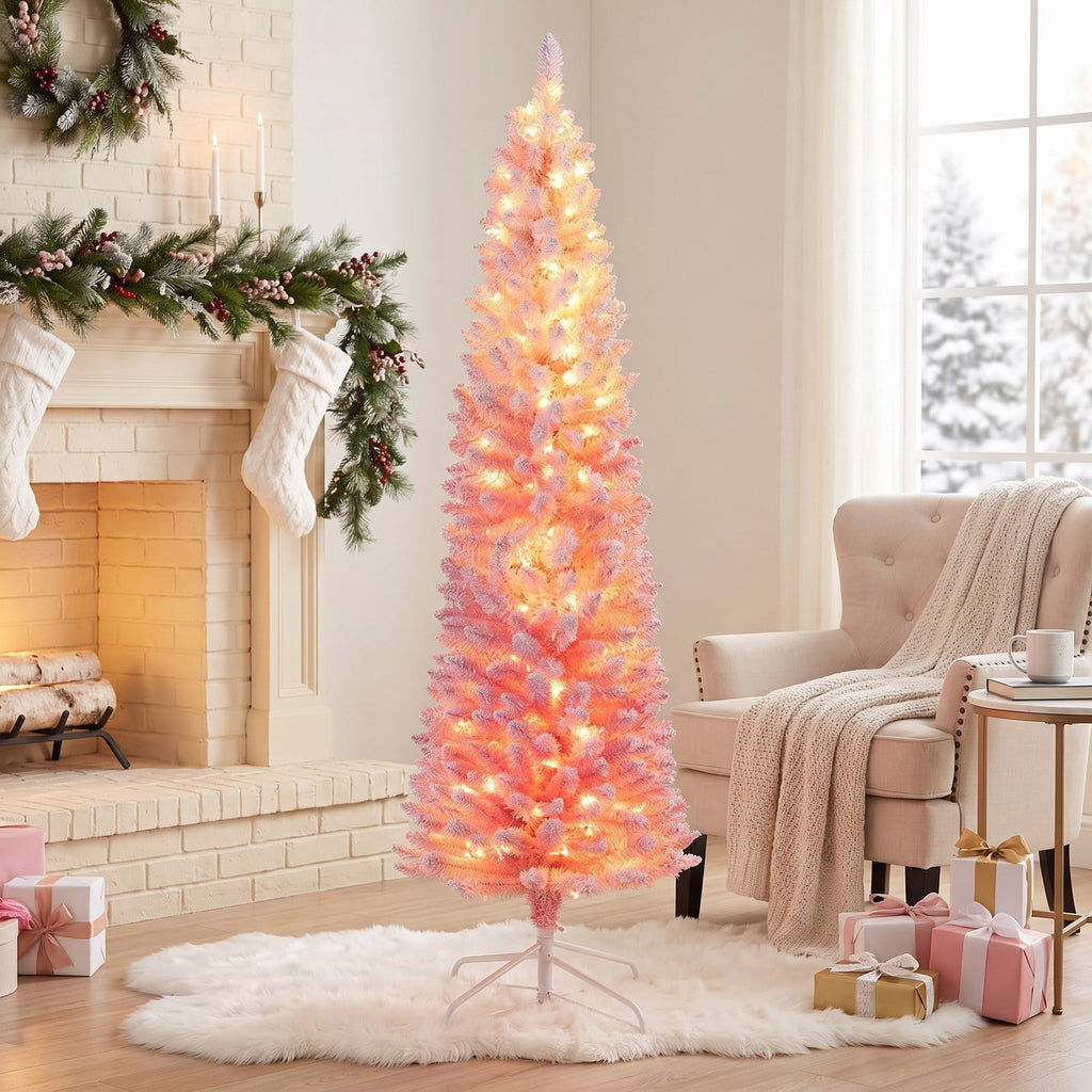 Airfind 6 FTSnow-flocked Artificial Pink Christmas Tree Pre, PVC Metal Tree Height 6 ft / 7 ft Tree Width 1.6 ft / 2 ft Frame, Pink