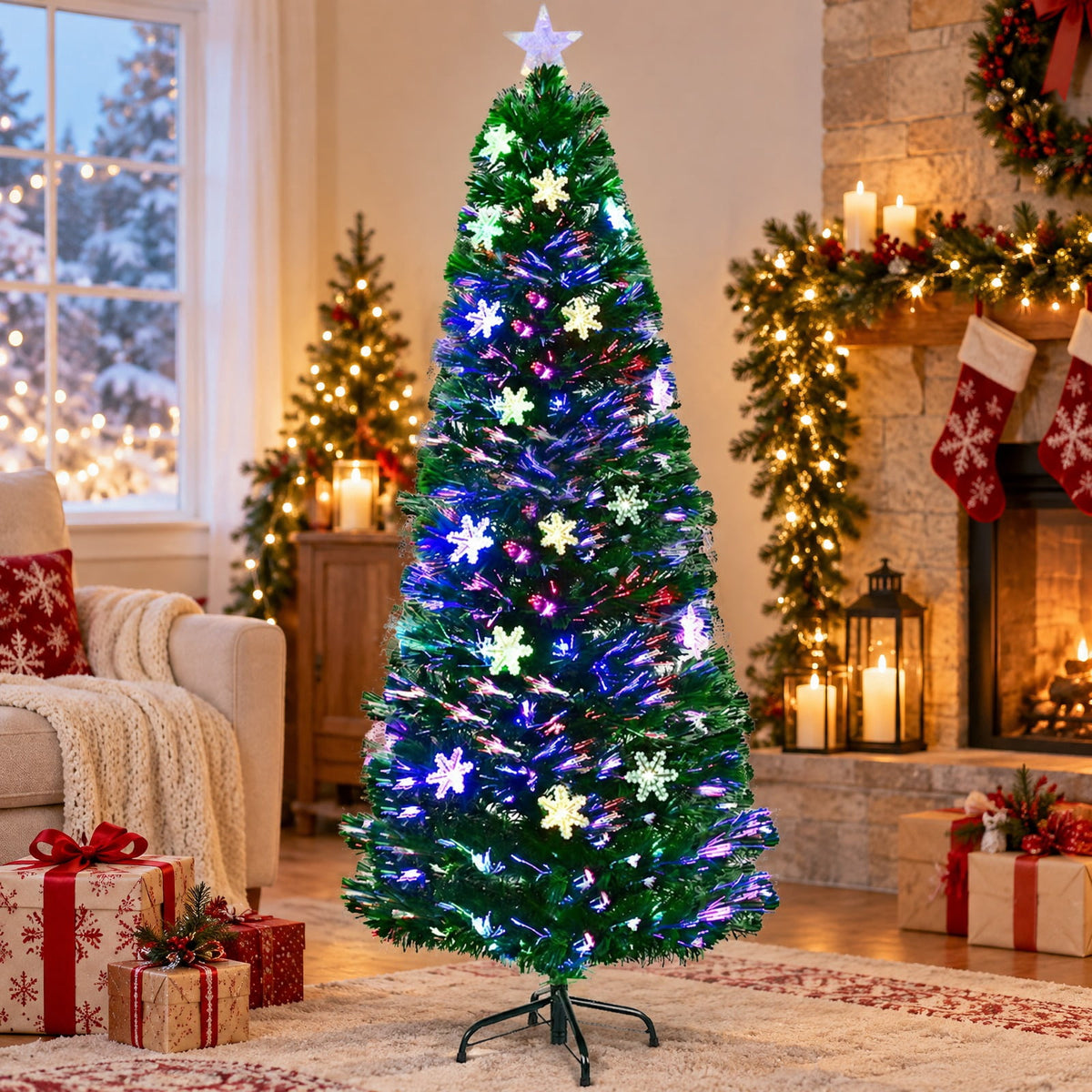 Airfind LED Optic Artificial Christmas Tree with Snowflakes-6 Feet, PVC Frame, 2.4 x 5 (Diameter x H) Height: 5 ft Weight: About 8 lbs Footprint