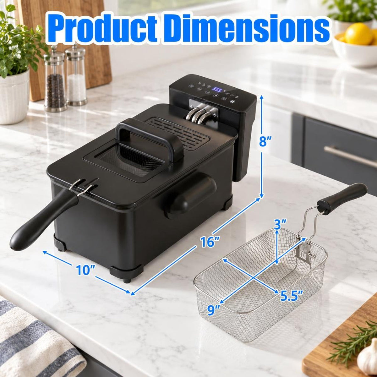 Airfind 3.2-Qt Electric Deep Fryer featuring 1700W LED Touch Screen and Enamel Oil Tank, Stainless Steel PP Enamel Frame, Black