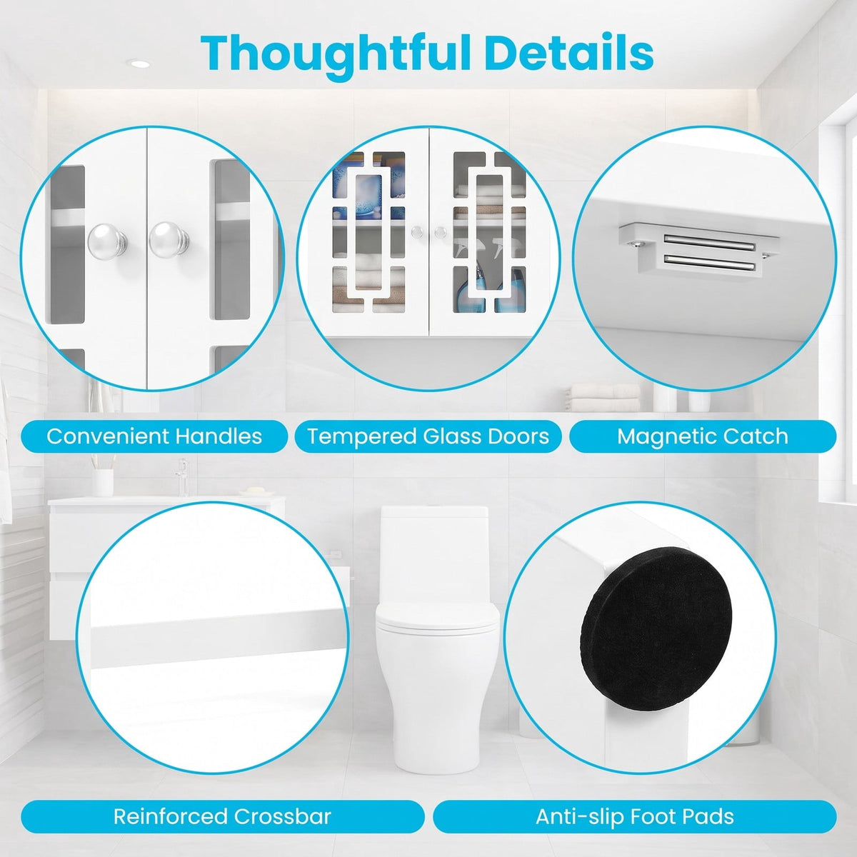 Airfind Bathroom Spacesaver Over the Toilet Door Storage Cabinet, 154 lbs Capacity, Engineered Wood Tempered Glass Frame, White