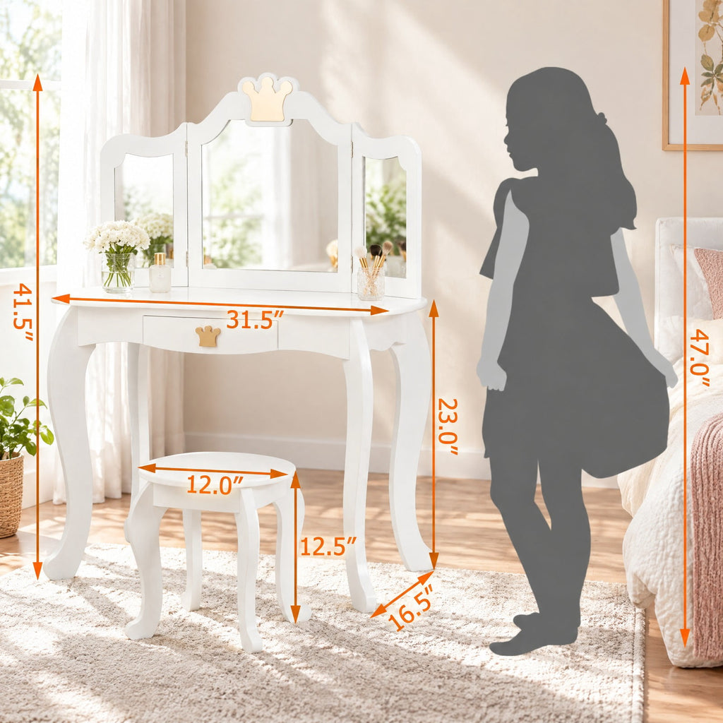 Airfind Kids Makeup Dressing Table with Tri-folding Mirror and Stool, 33 lbs Capacity, MDF pine Frame, 31.5in x 16.5in x 41.5in Footprint, White