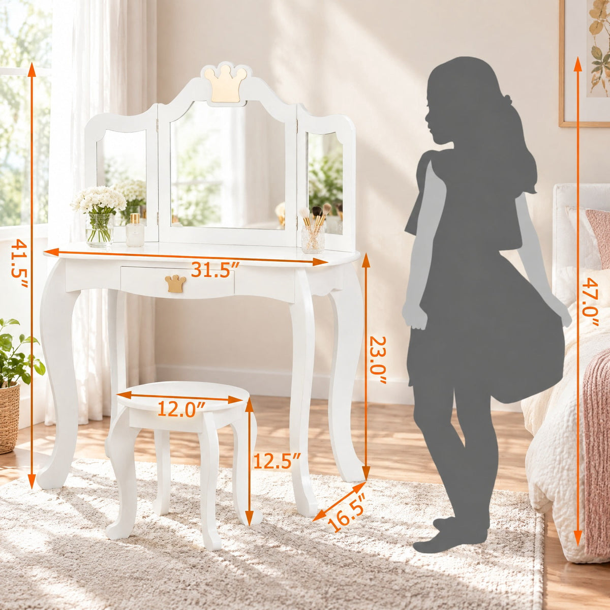 Airfind Kids Makeup Dressing Table with Tri-folding Mirror and Stool, 33 lbs Capacity, MDF pine Frame, 31.5in x 16.5in x 41.5in Footprint, White