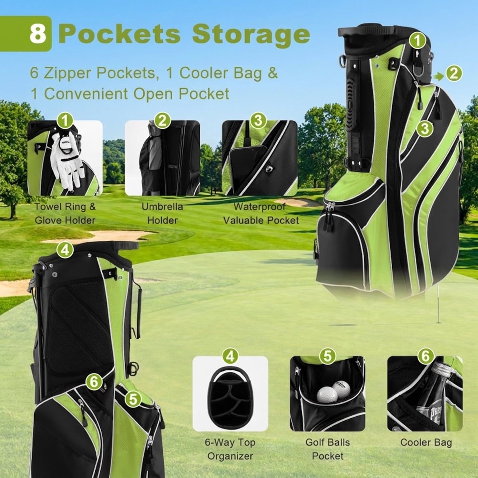 Airfind 6-Way Top Stand Bag with Auto-Deploy Legs and 8 Storage Pockets, Green