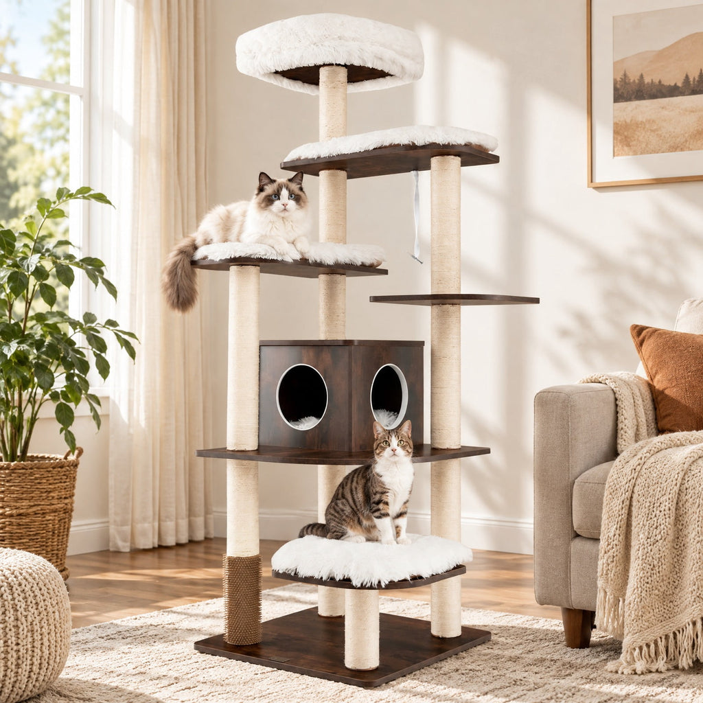 Airfind 7-Layer Wooden Cat Tree Tall Cat Tower with Sisal Posts and Condo, 33 lbs Capacity, Engineering Board Sisal Rope Plush Frame, Brown