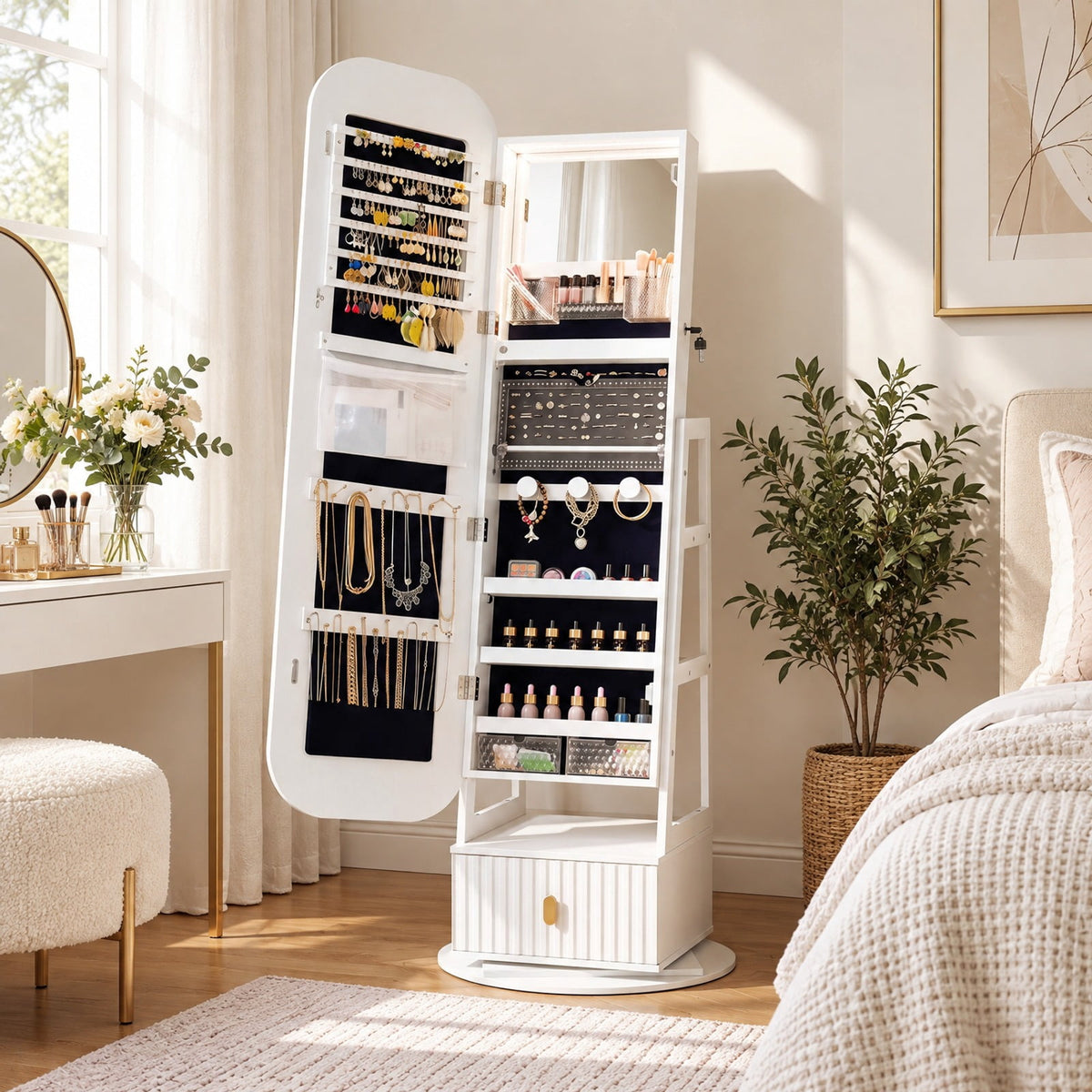 Airfind 360° Swivel Jewelry Cabinet with Full-Length Mirror and Dual Hooks, Engineered Wood Frame, 22 x 22 x 64.5 Footprint, White