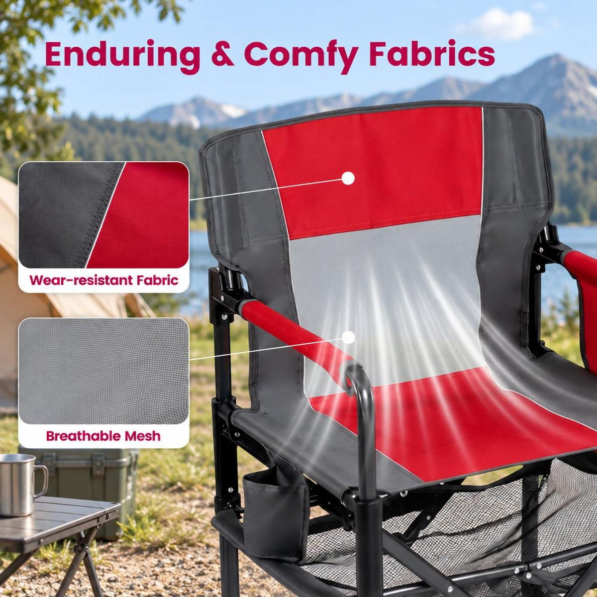 Airfind Heavy Duty Outdoor Camping Chair with Cup Holder and Side Pocket, 330 lbs Capacity, Metal Nylon Mesh PVC Fabric PP Frame, Red