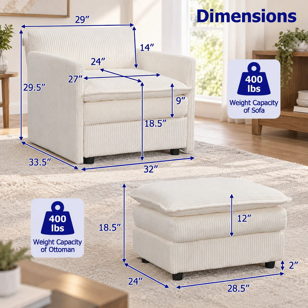 Airfind Oversized Accent Chair with Ottoman with Soft Corduroy Cushions, 400 Lbs Capacity, Corduroy with Corduroy Sponge Ply Wood Plastic, Unspecified