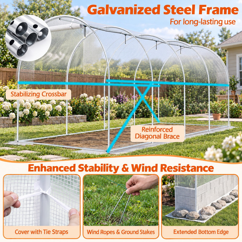Airfind 15 x 7 x 7 ft Walk-in Tunnel Greenhouse with Watering System, Galvanized Steel Frame, 15 x 7 x 7 ft Footprint, White