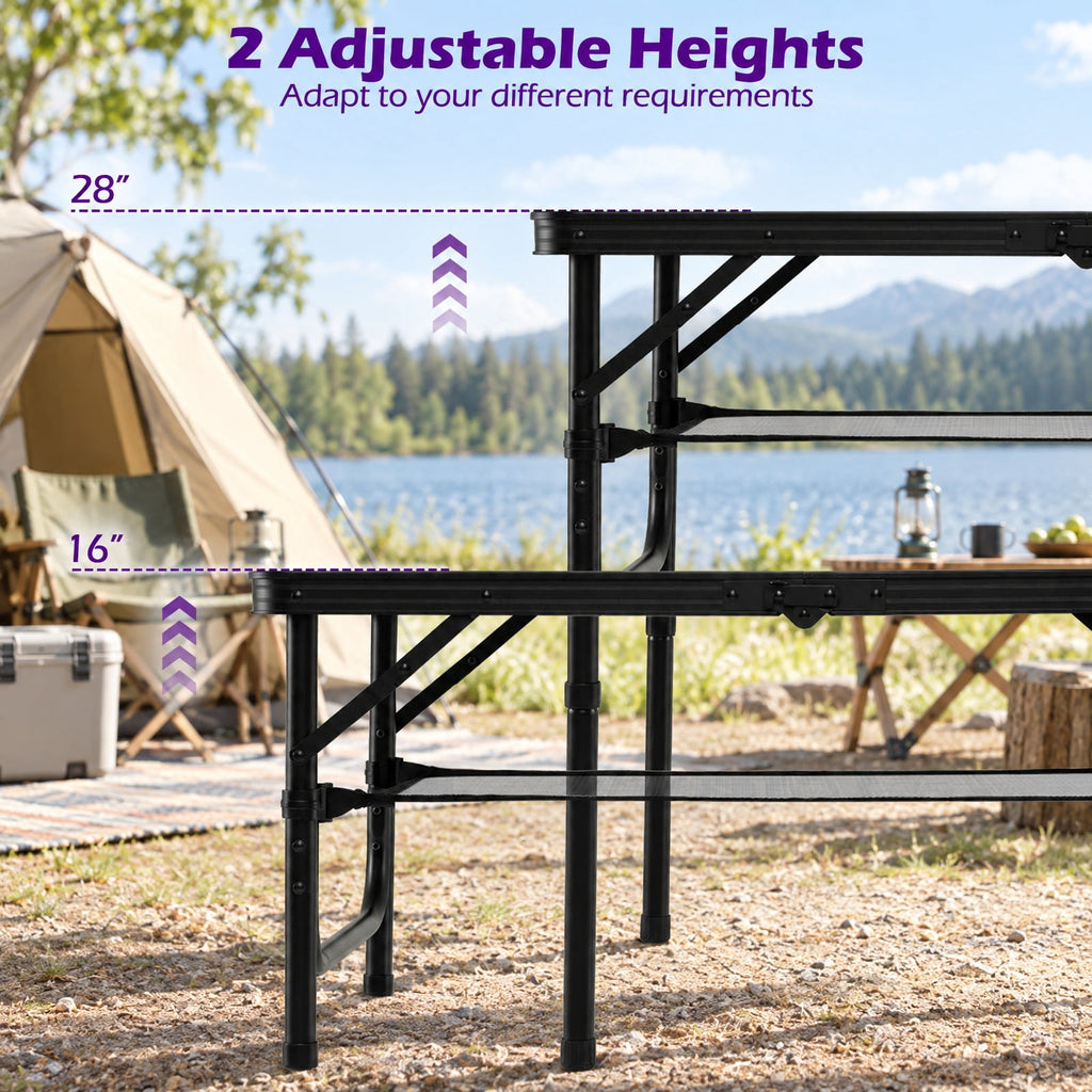 Airfind Folding Camping Table with Adjustable Heights Storage Net and Handle-Black and Brown, 135 lbs Capacity, 37 Inch x 24 Inch x 16 Inch Footprint, Black