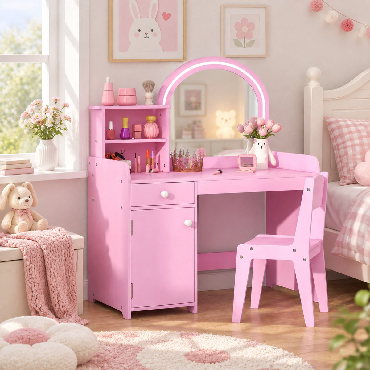 Airfind Kids Vanity Table and Chair Set with Shelves Drawer and Cabinet, P2 MDF Acrylic Frame, for Over 3 Years Old, 31.5 Inch x 16 Inch x 37 Inch Footprint